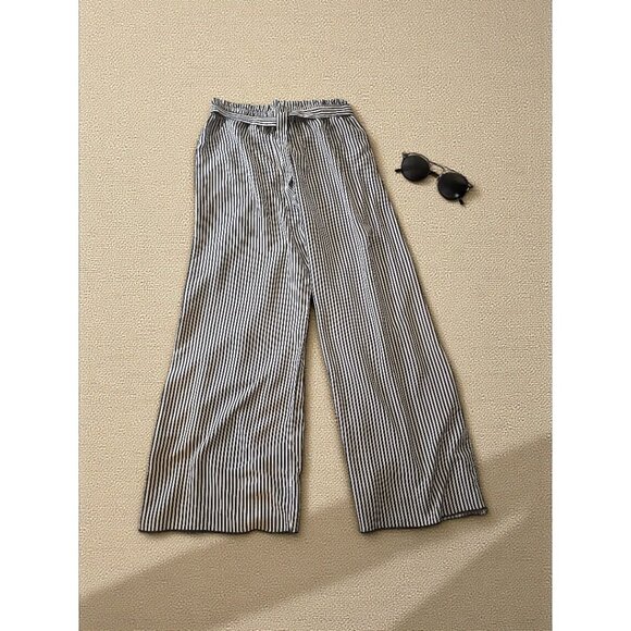 See You Monday Wide Leg Striped Pants Size L–Navy & White–Paper bag Waist w/tie - Picture 5 of 8